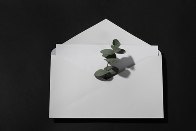 Paper envelope with letter and eucalyptus branch on black background, above view. Mockup for design