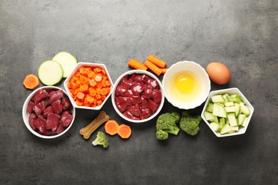 Photo of Pet food. Natural products on grey table, top view