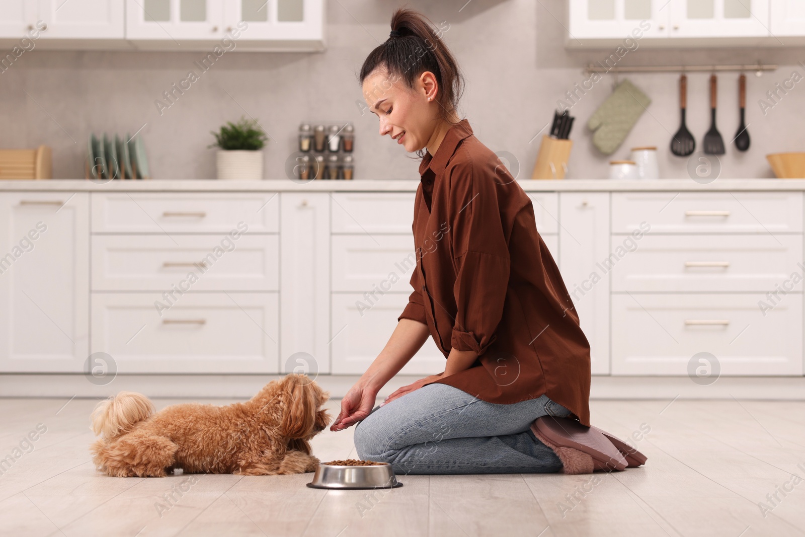 Photo of Smiling owner feeding her cute dog with dry pet food in kitchen