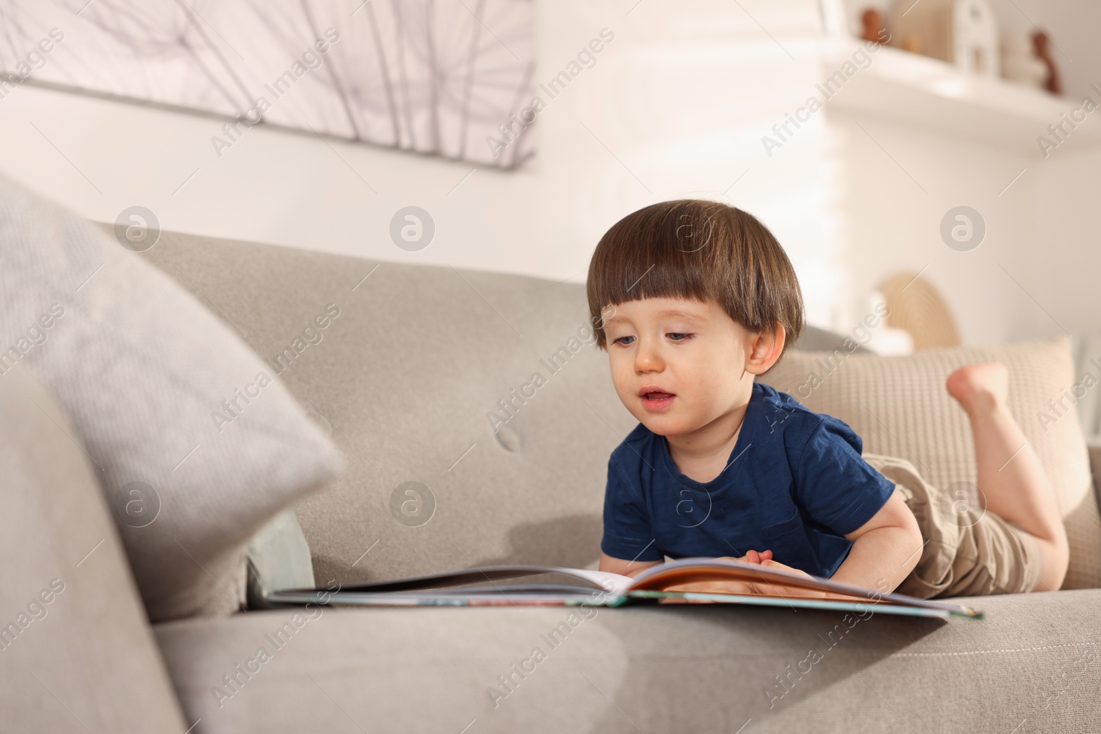 Photo of Cute little boy with book on sofa at home, space for text