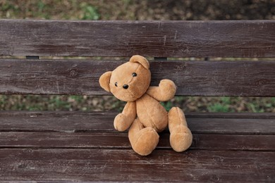 Photo of Lost brown teddy bear on wooden bench in park