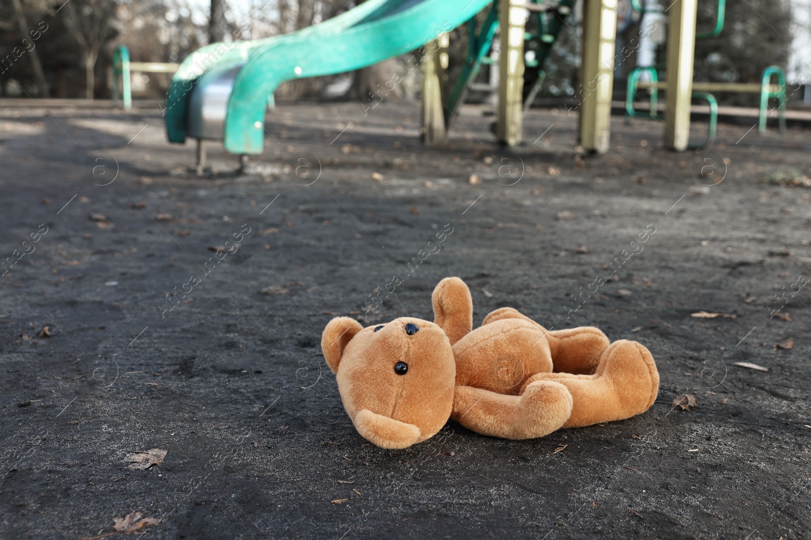 Photo of Lost brown teddy bear on ground outdoors