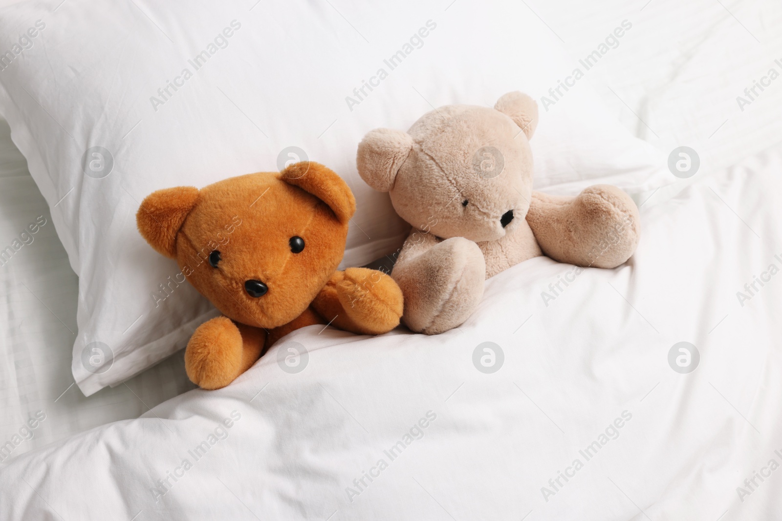 Photo of Two cute plush teddy bears in bed