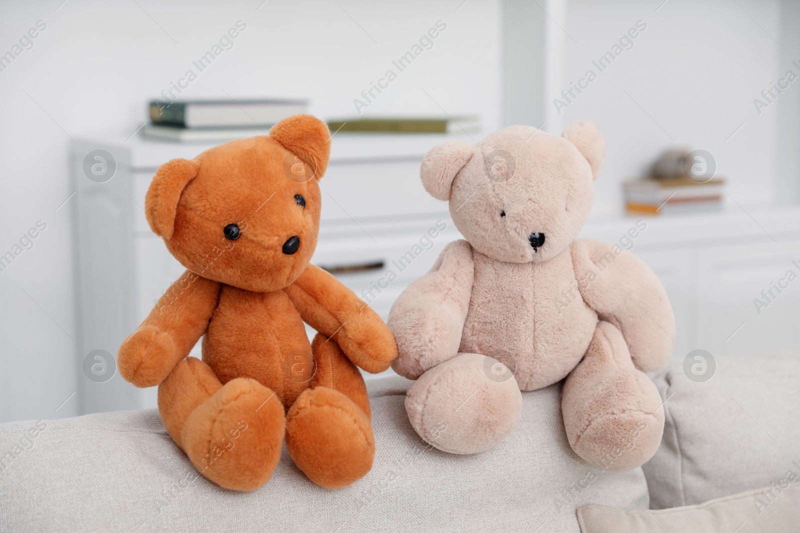 Photo of Cute teddy bears on sofa at home