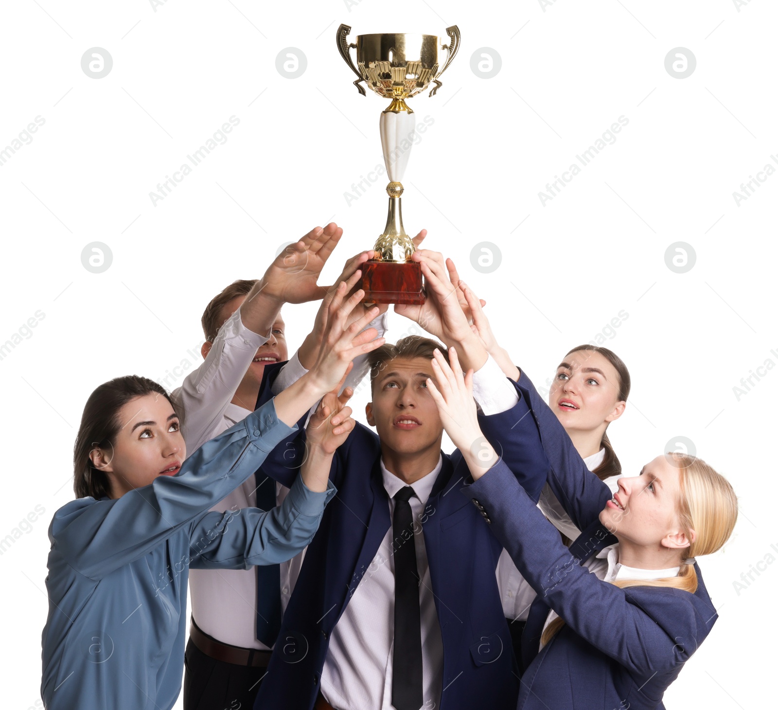 Photo of Competition concept. Group of businesspeople with golden trophy on white background