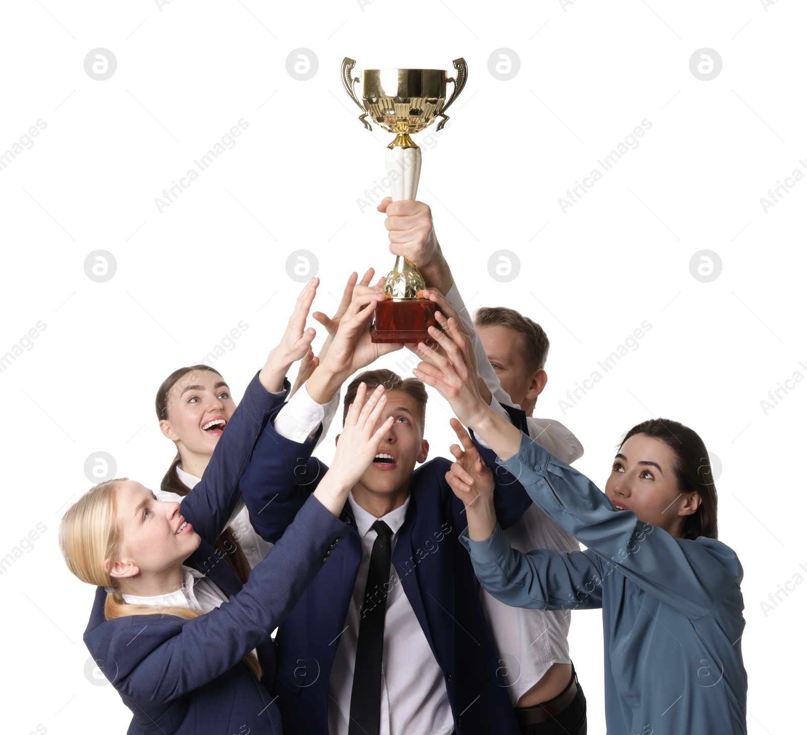 Photo of Competition concept. Group of businesspeople with golden trophy on white background