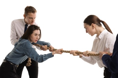 Photo of Competition concept. Group of businesspeople pulling rope on white background