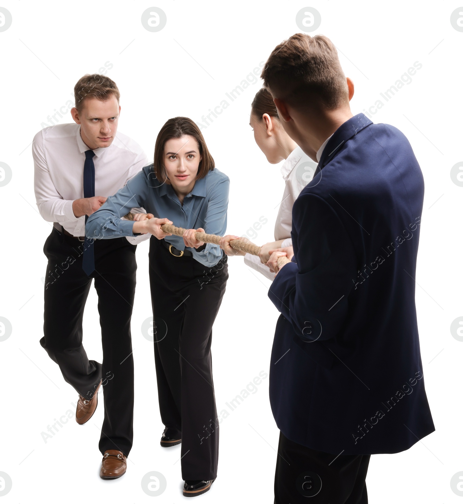 Photo of Competition concept. Group of businesspeople pulling rope on white background