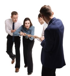 Photo of Competition concept. Group of businesspeople pulling rope on white background