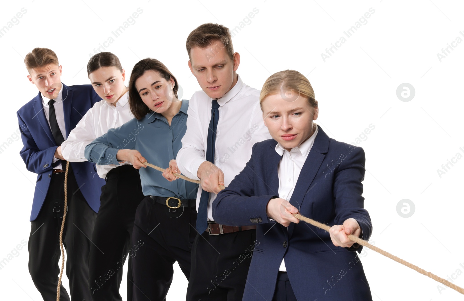 Photo of Competition concept. Group of businesspeople pulling rope on white background