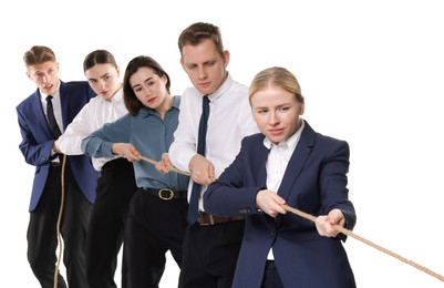 Photo of Competition concept. Group of businesspeople pulling rope on white background