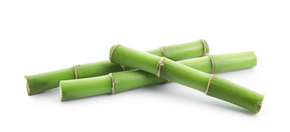 Photo of Cut green bamboo stems isolated on white