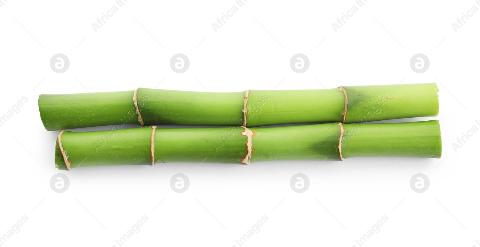 Photo of Cut green bamboo stems isolated on white, top view