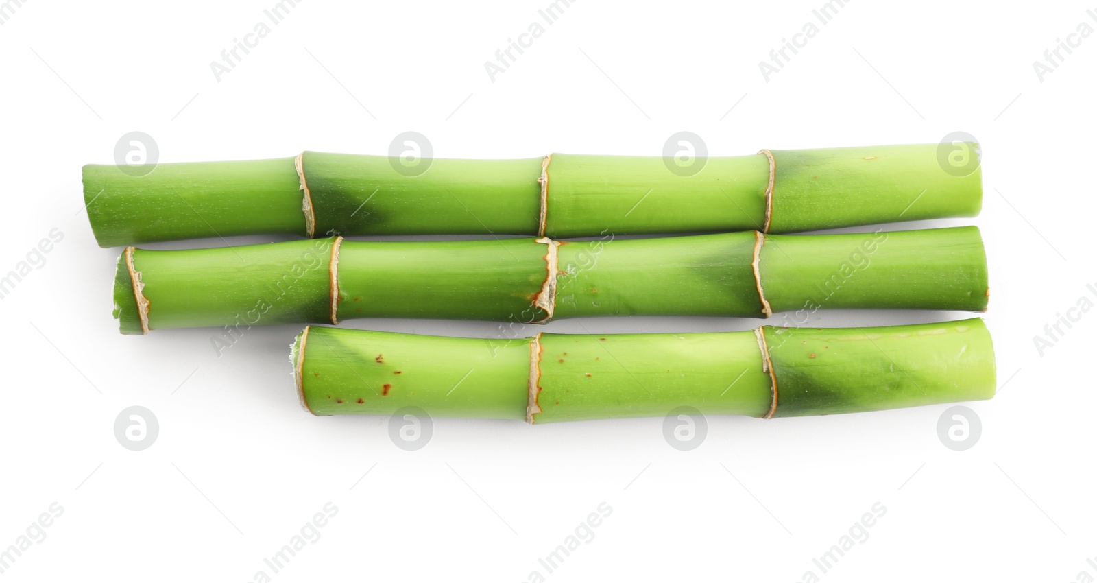 Photo of Cut green bamboo stems isolated on white, top view