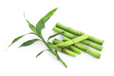 Photo of Cut green bamboo stems and leaves isolated on white, top view