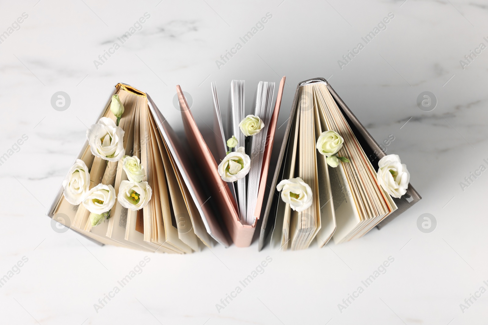 Photo of Books and beautiful eustoma flowers on white marble table, top view