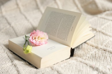 Open book with beautiful flowers on blanket, closeup