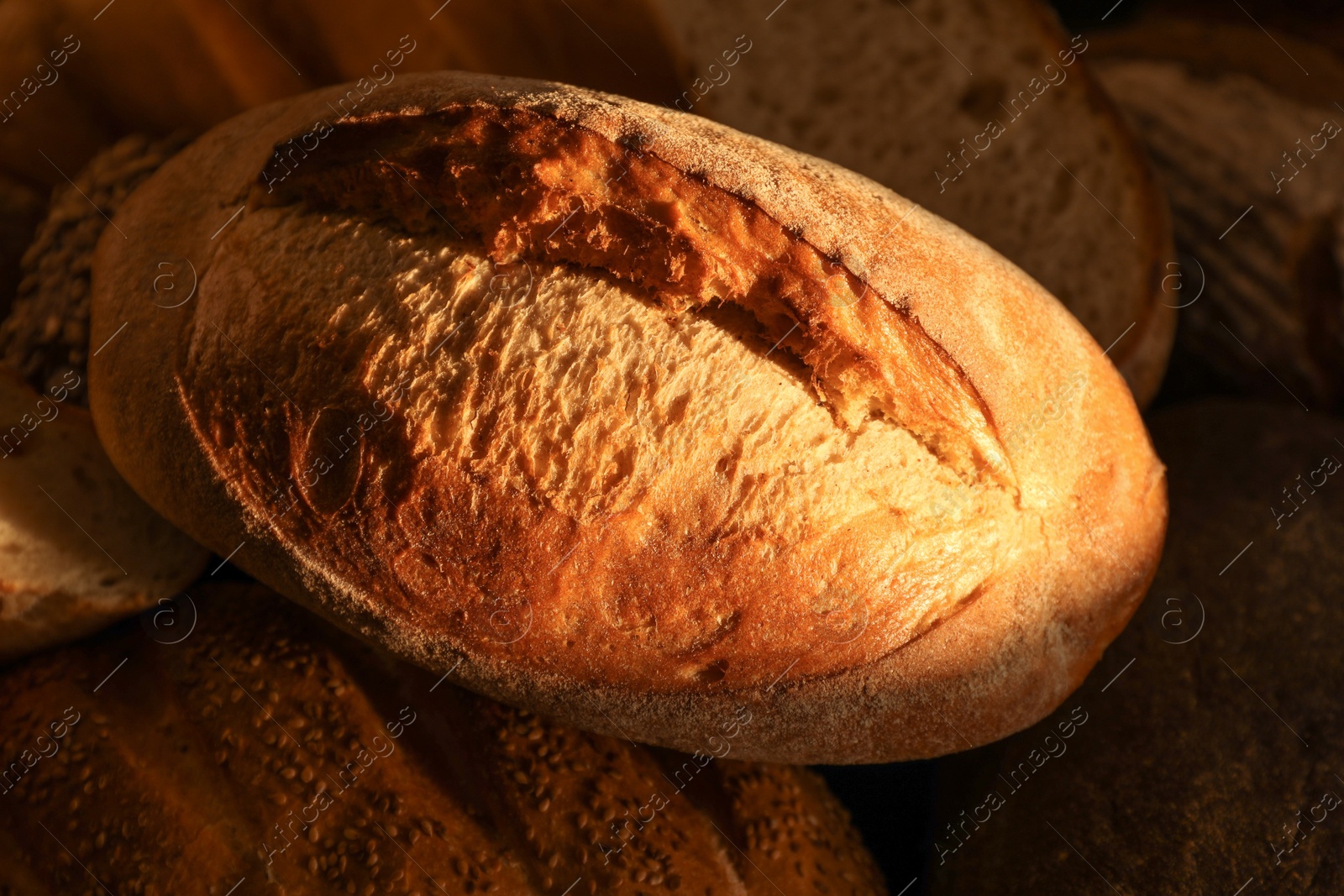 Photo of Loaf of crusty bread on dark background, closeup