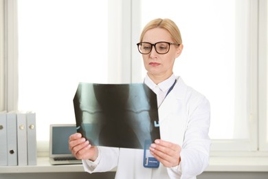 Photo of Doctor examining knee x-ray near window in clinic