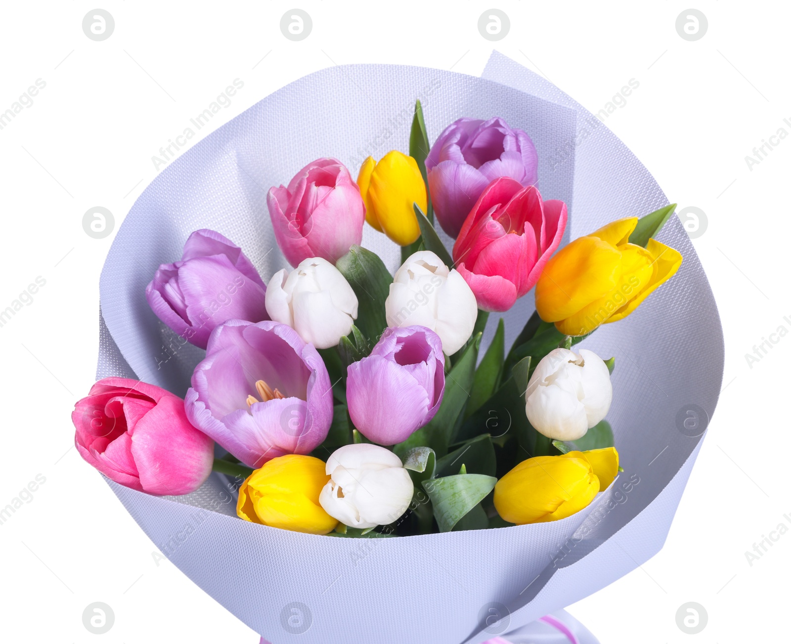 Photo of Bouquet of beautiful bright tulips isolated on white