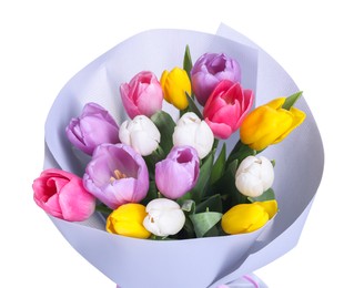 Photo of Bouquet of beautiful bright tulips isolated on white