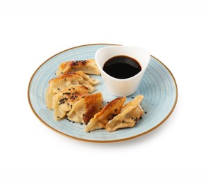 Photo of Tasty fried gyoza (dumplings) and soy sauce isolated on white