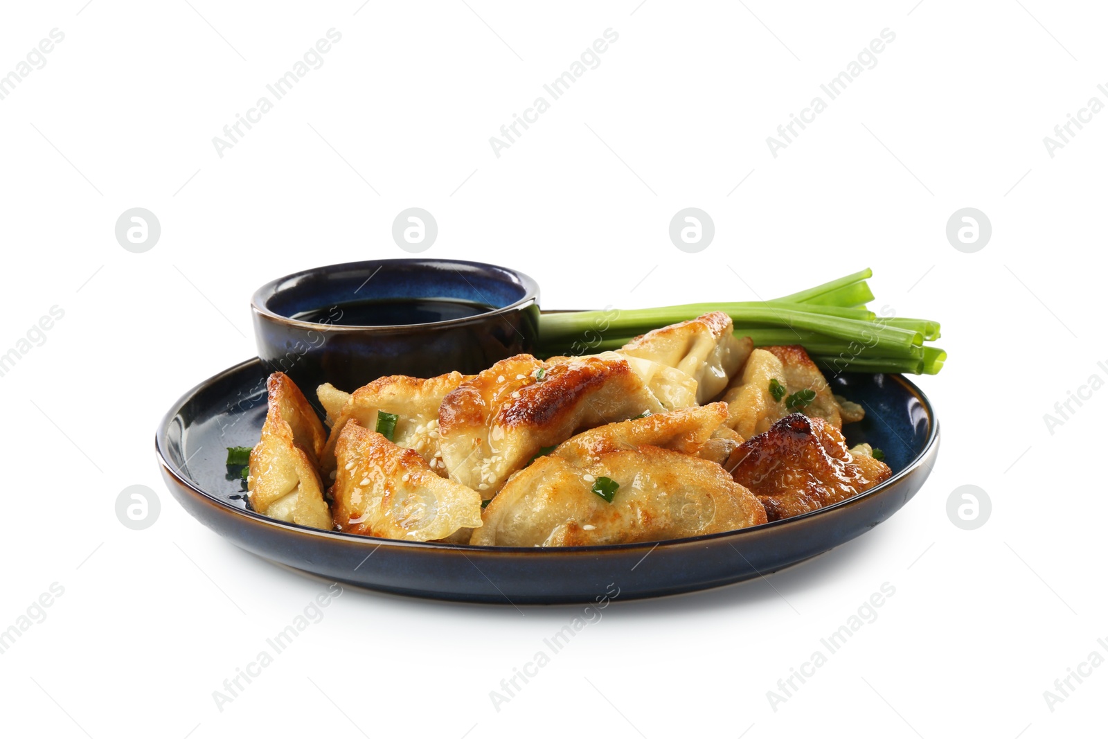 Photo of Tasty fried gyoza (dumplings), onion and soy sauce isolated on white