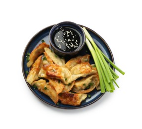 Photo of Tasty fried gyoza (dumplings), onion and soy sauce isolated on white, top view