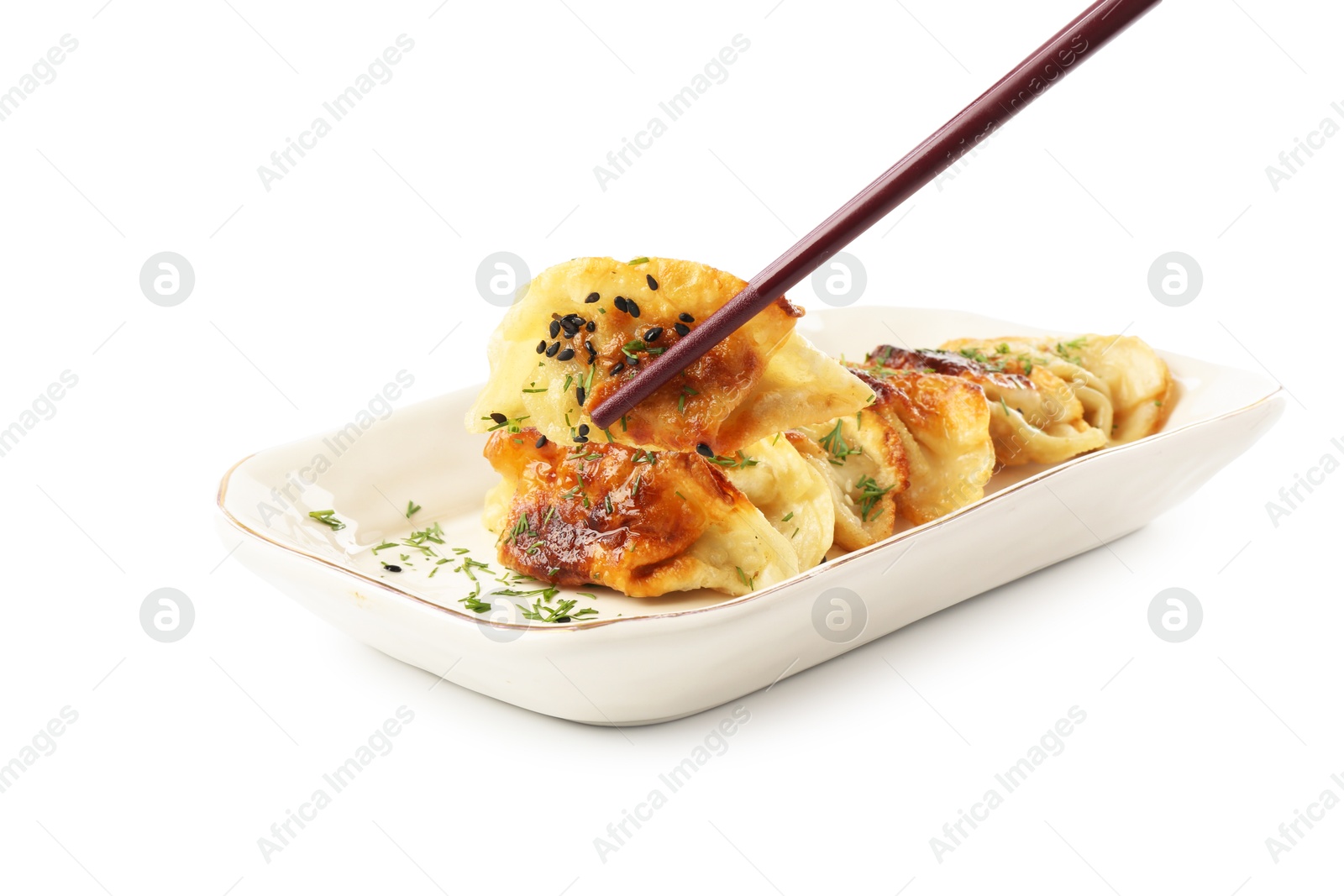 Photo of Taking tasty fried gyoza (dumpling) with chopsticks isolated on white