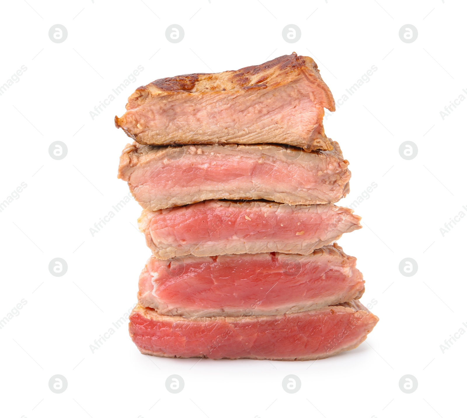 Photo of Delicious sliced beef tenderloin with different degrees of doneness isolated on white