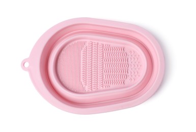 Photo of Silicone pad for cleaning makeup brushes isolated on white, top view