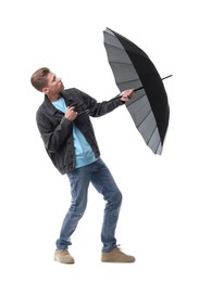 Photo of Man with black umbrella on white background