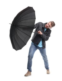 Man with black umbrella on white background