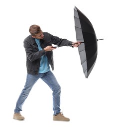 Photo of Man with black umbrella on white background