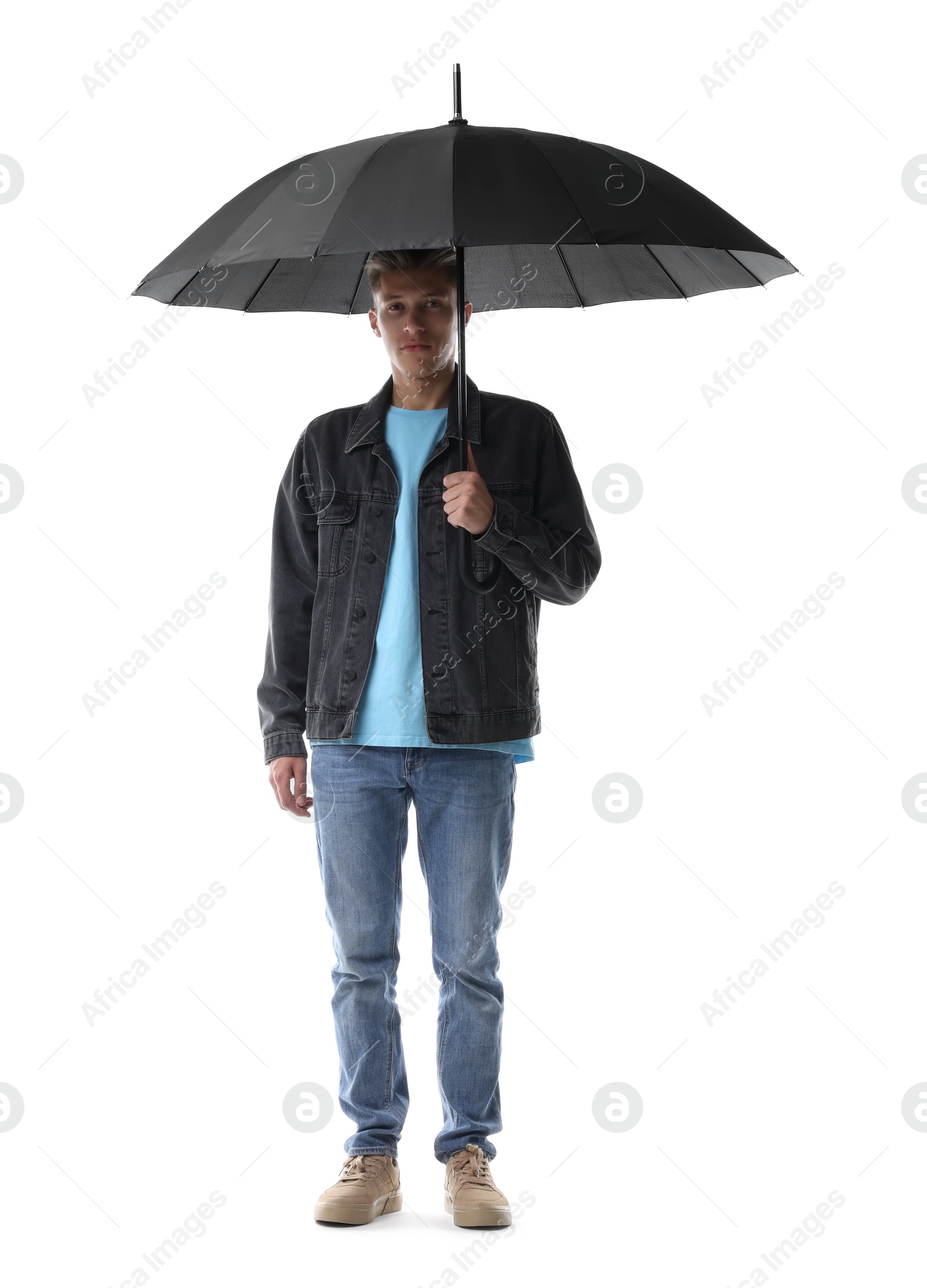 Photo of Man with black umbrella on white background