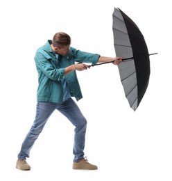 Photo of Man with black umbrella on white background