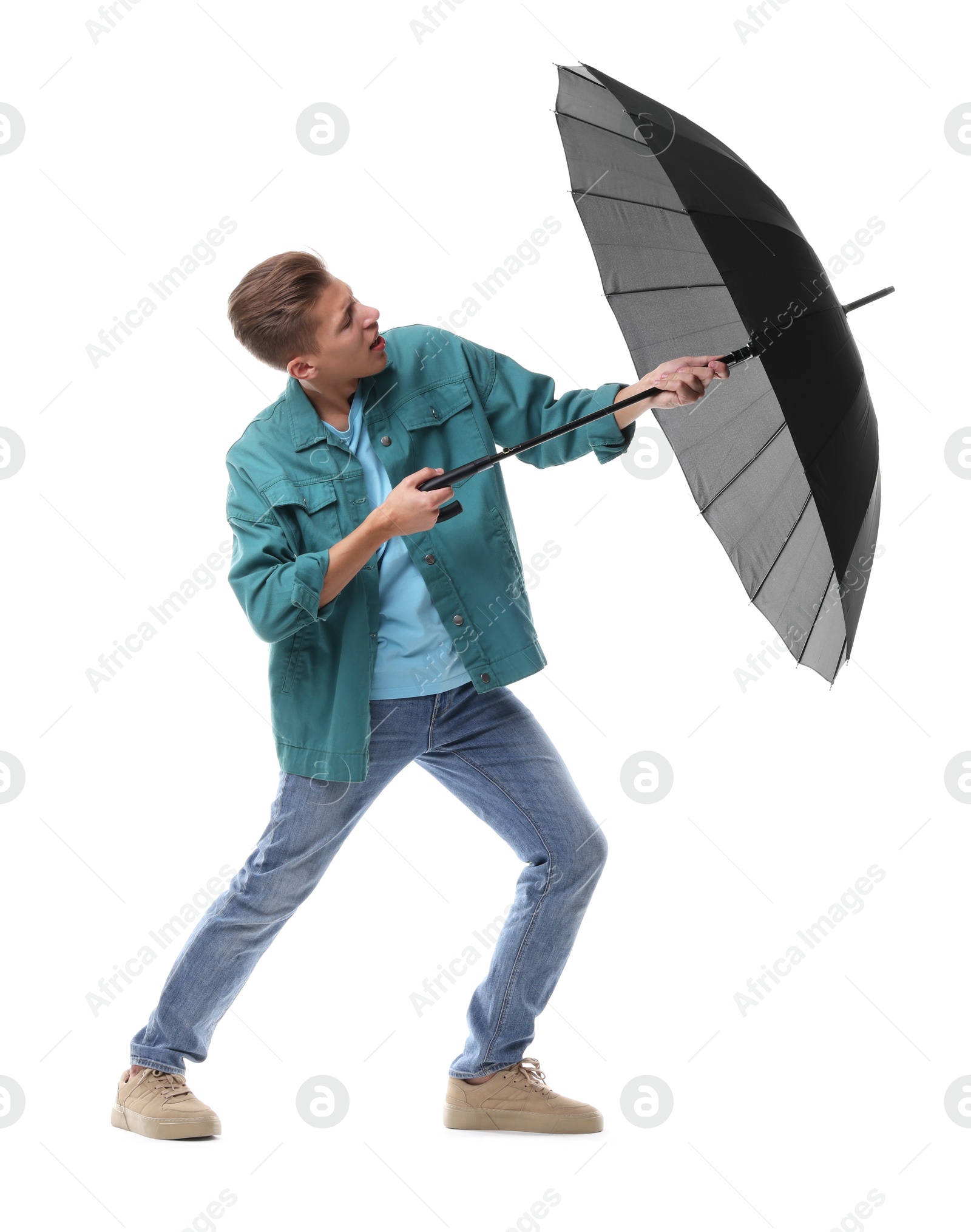 Photo of Man with black umbrella on white background