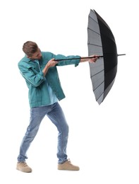 Photo of Man with black umbrella on white background