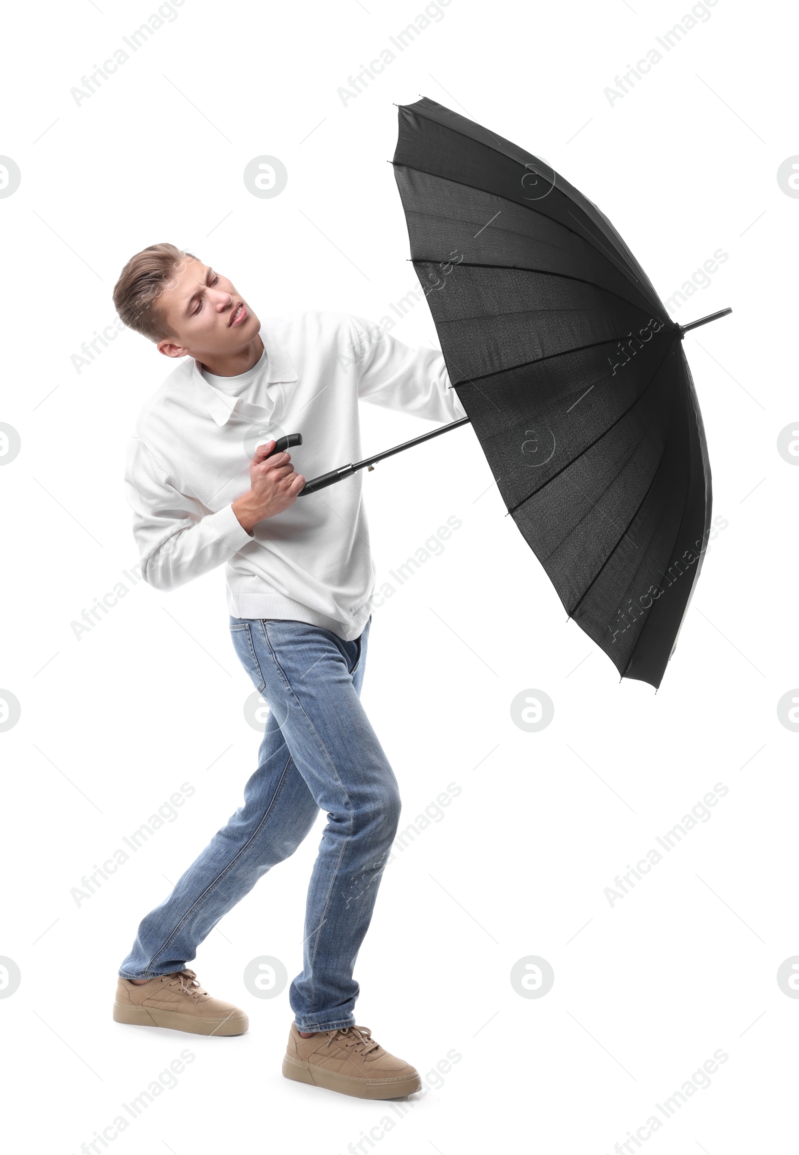 Photo of Man with black umbrella on white background