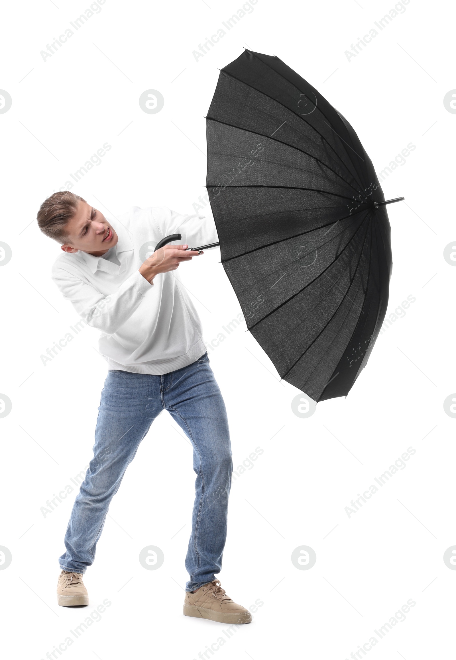 Photo of Man with black umbrella on white background