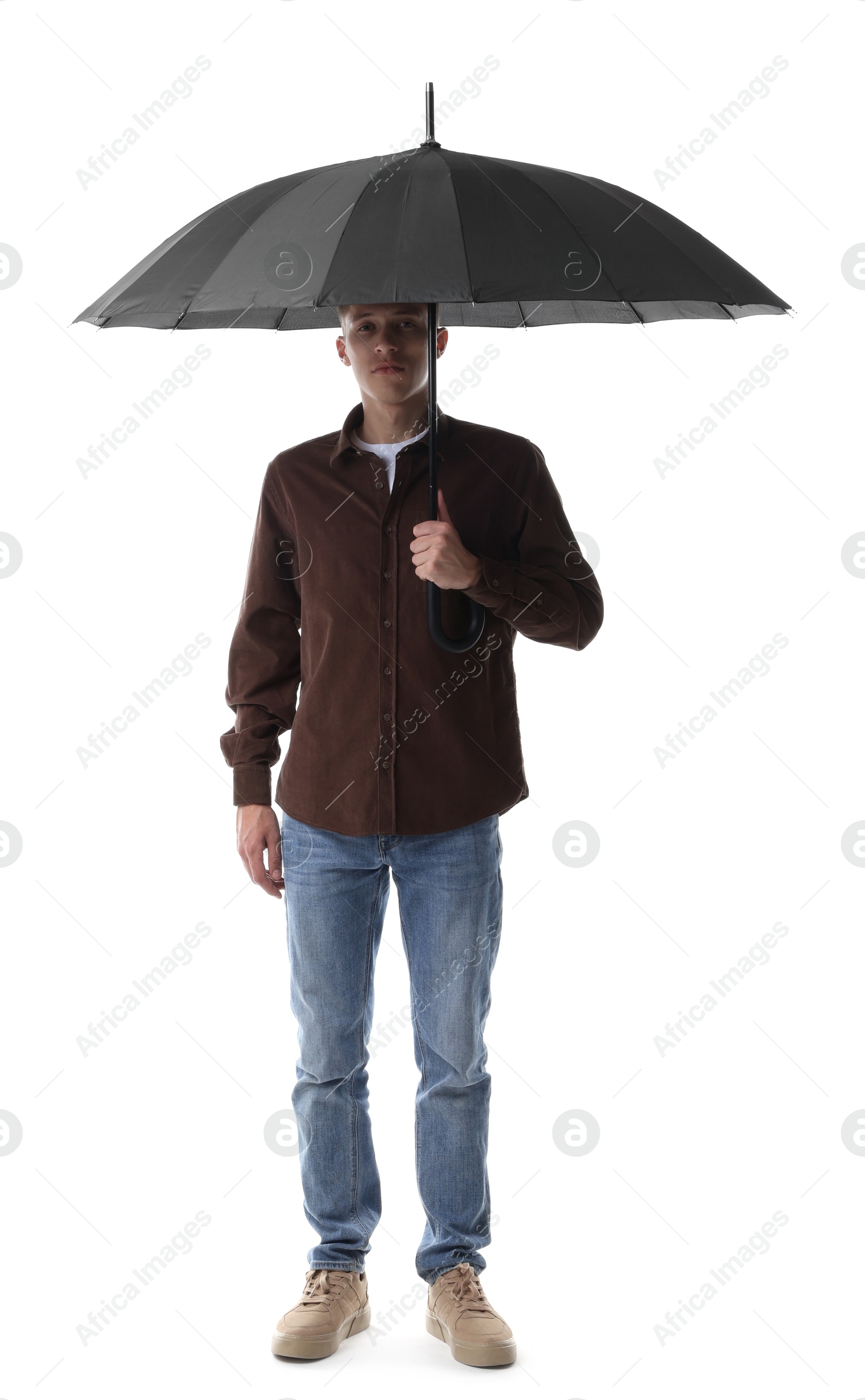 Photo of Man with black umbrella on white background