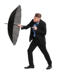 Photo of Man in suit with black umbrella on white background