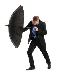 Photo of Man in suit with black umbrella on white background