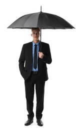 Photo of Man in suit with black umbrella on white background