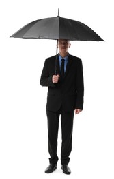 Photo of Man in suit with black umbrella on white background