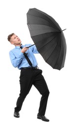 Photo of Man with black umbrella on white background