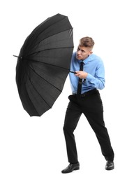 Photo of Man with black umbrella on white background