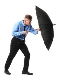 Photo of Man with black umbrella on white background