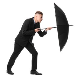 Photo of Man in suit with black umbrella on white background