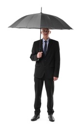 Photo of Man in suit with black umbrella on white background